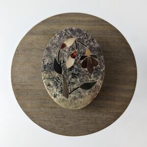 Soapstone Inlay Shell Trinket Box Jewelry Floral Vintage Vanity Oval Unique Gift